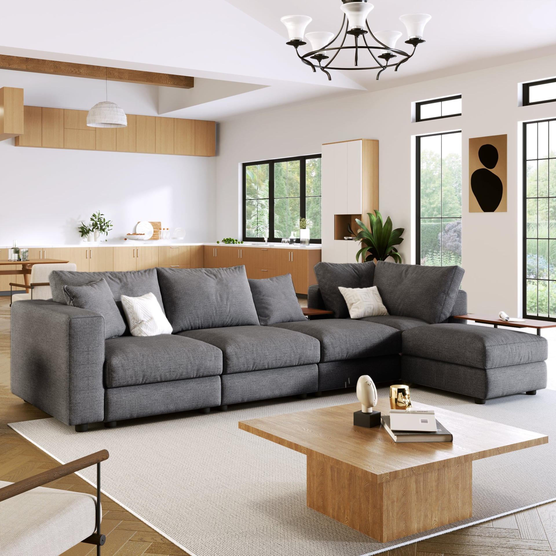 Modern Large L-Shape Sectional Sofa for Living Room, 2 Pillows and 2 End Tables
