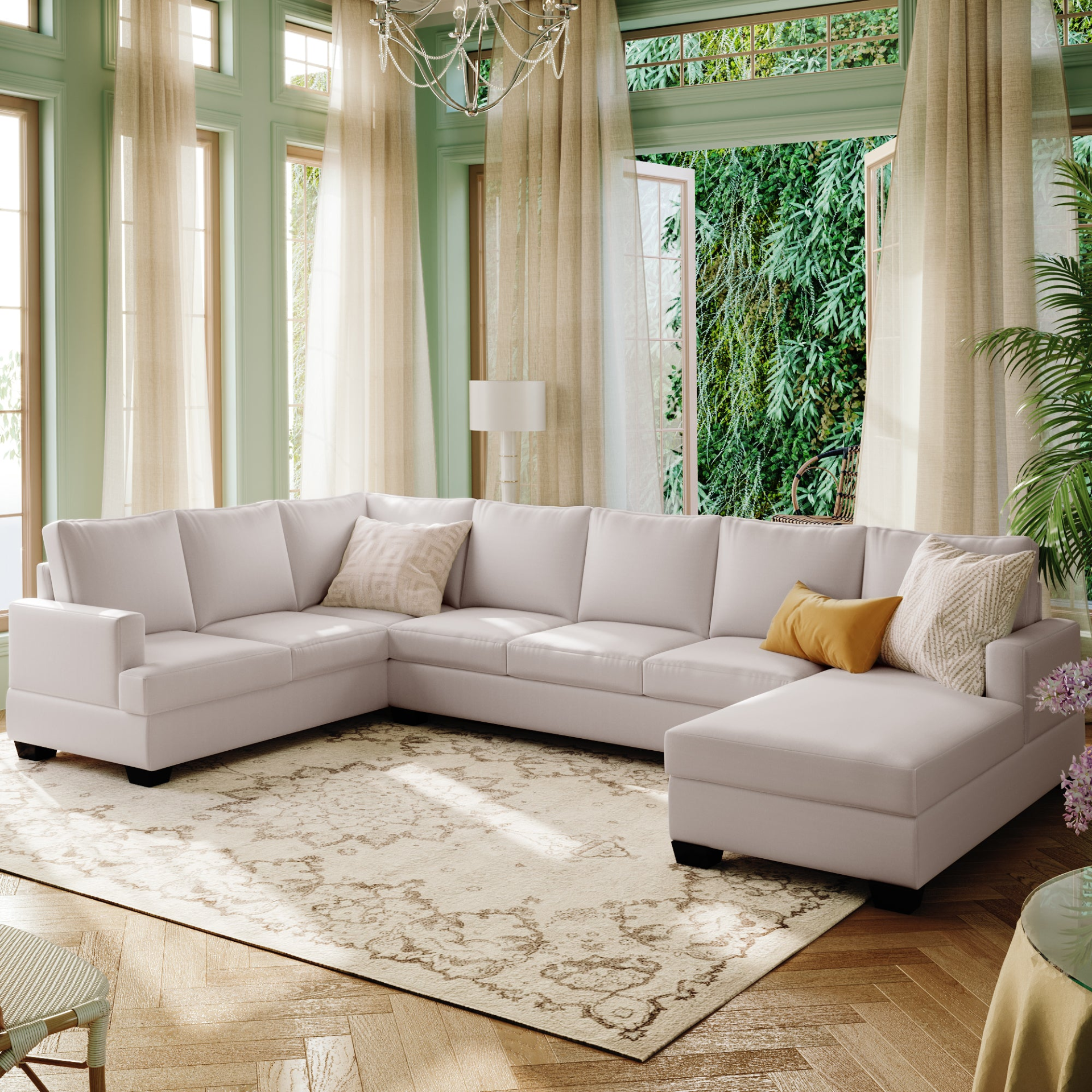 Modern Large Upholstered  U-Shape Sectional Sofa, Extra Wide Chaise Lounge Couch,  Beige